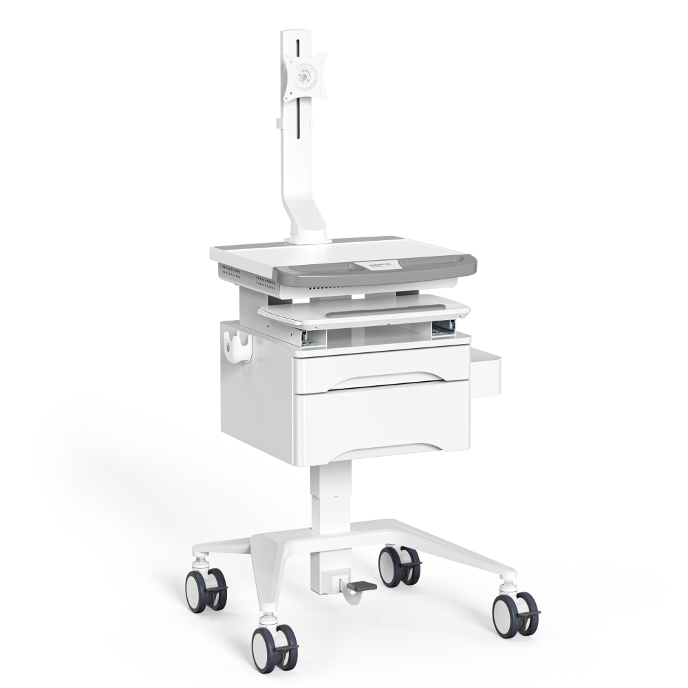 Mount-It! MedHub Mobile Medical Cart Workstation With Drawers And Monitor Mount, 65-7/16inH x 25-5/8inW x 21-3/4inD, White/Gray