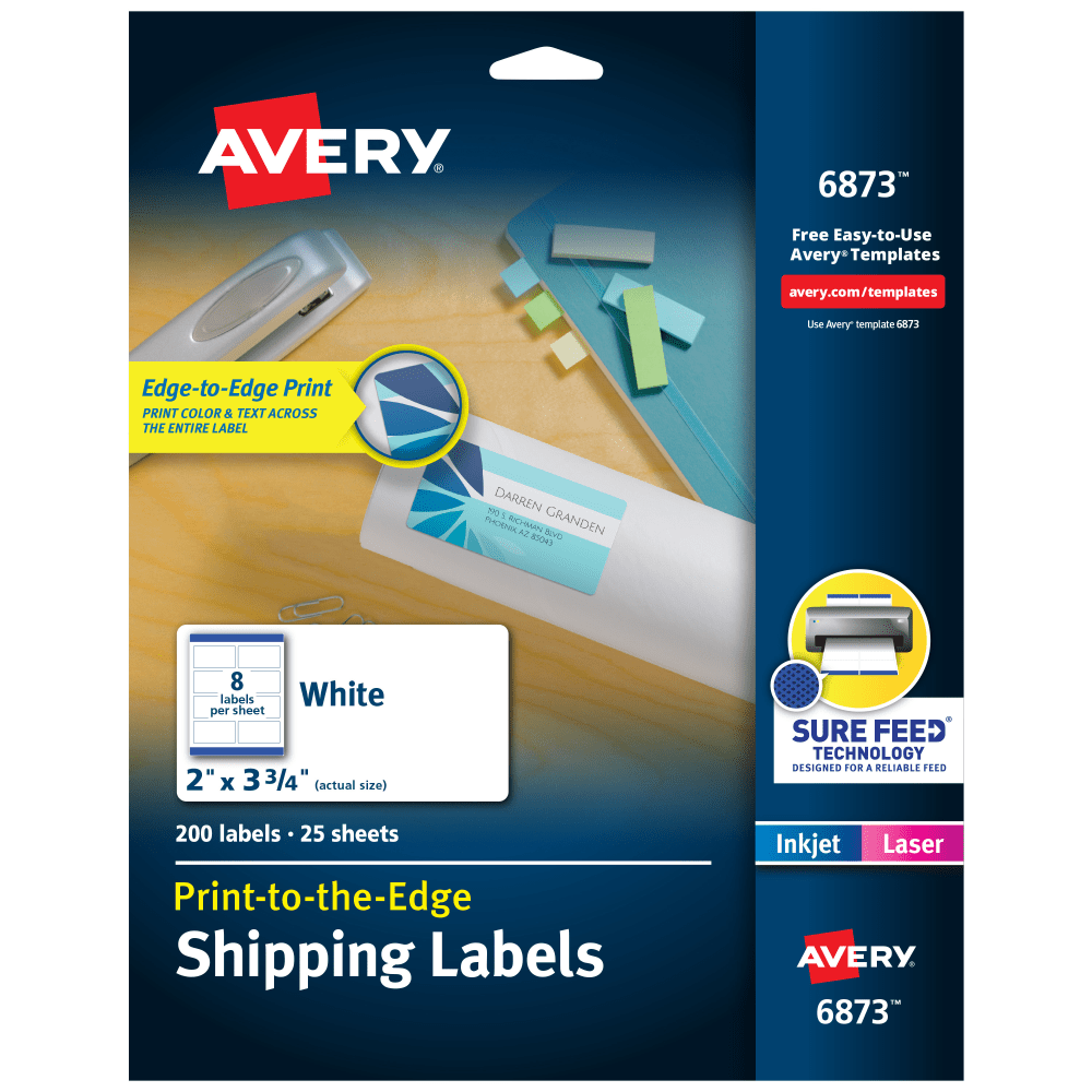 Avery Print-To-The-Edge Permanent Shipping Labels For Laser & Inkjet Printers , 6873, 2in x 3 3/4in, White, Pack Of 200