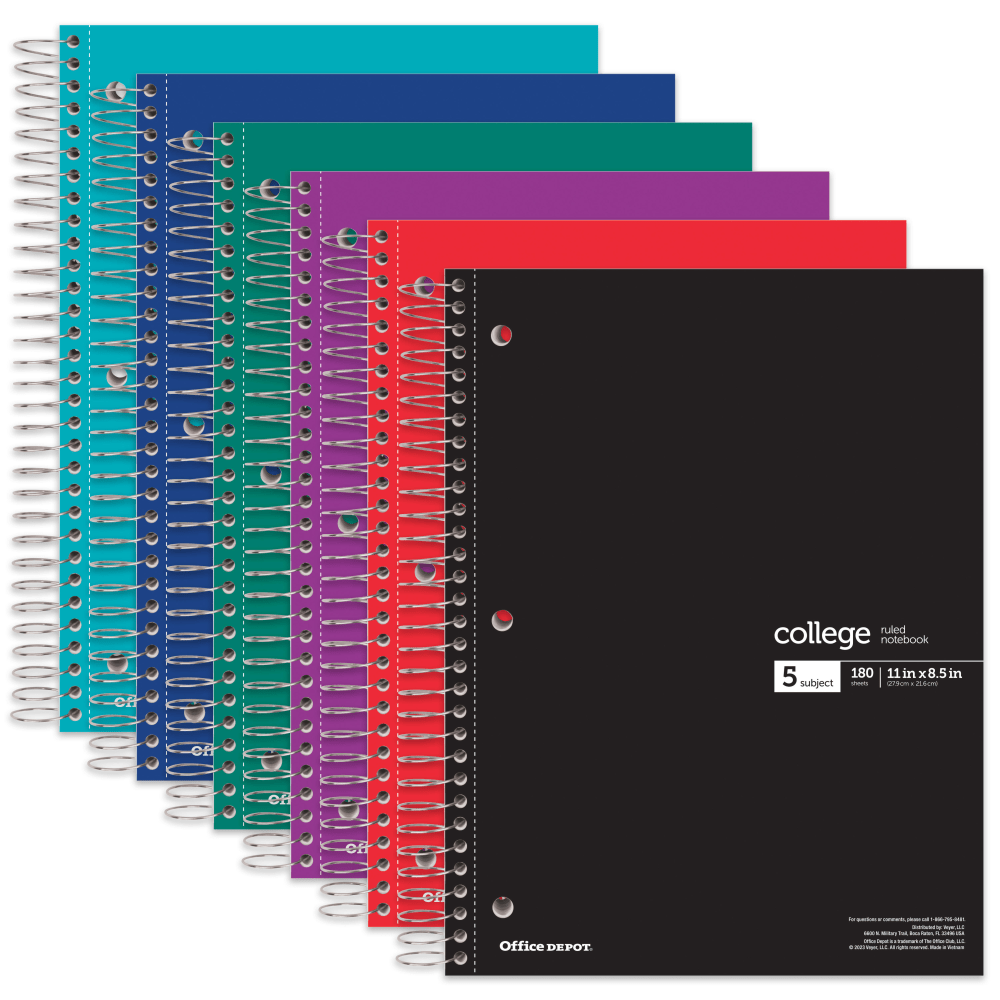 Office Depot Wirebound Notebooks, 8 1/2in x 11in, 5 Subjects, College Ruled, 180 Sheets, Assorted Colors, Pack Of 6 Notebooks