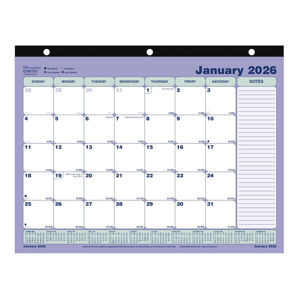 2026 Brownline Monthly Desk Pad Calendar, 11in x 8-1/2in, Blue/White, January To December, C181721