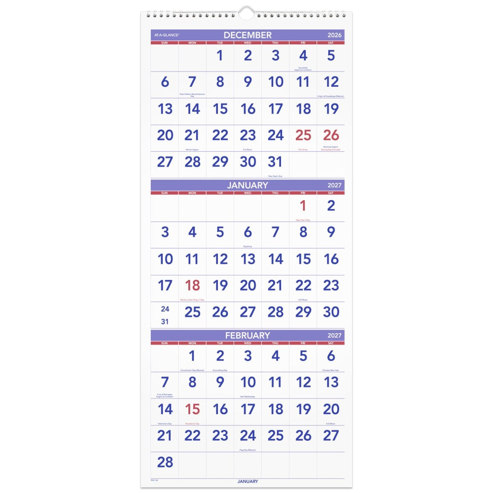 AT-A-GLANCE 2027 Three Month Reference Vertical Wall Calendar, Large, 12in x 27in