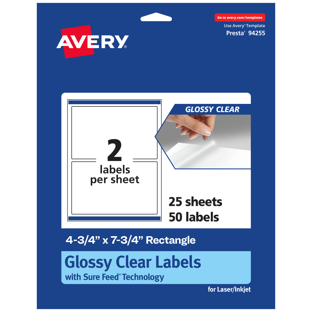 Avery Glossy Permanent Labels With Sure Feed, 94255-CGF25, Rectangle, 4-3/4in x 7-3/4in, Clear, Pack Of 50