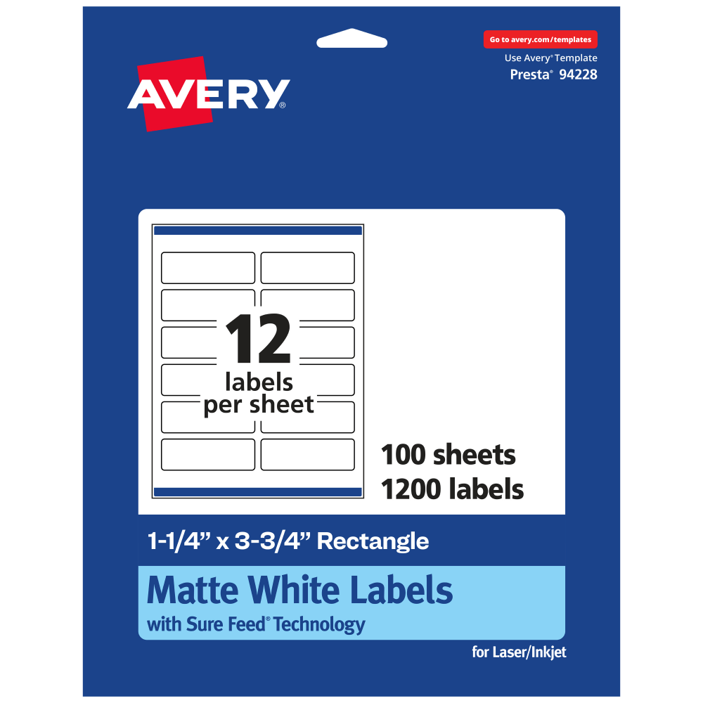 Avery Permanent Labels With Sure Feed, 94228-WMP100, Rectangle, 1-1/4in x 3-3/4in, White, Pack Of 1,200