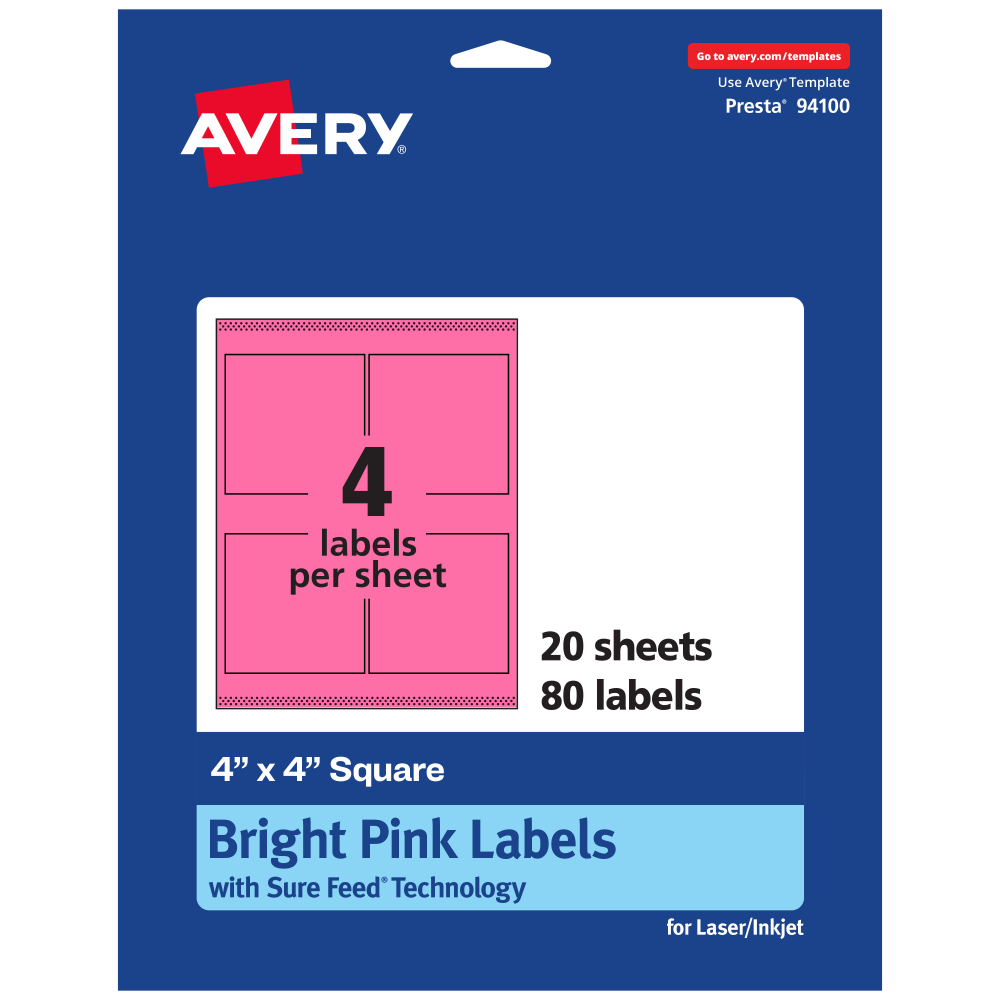 Avery Printable Labels With Sure Feed Technology, 94100-BPP20, Square, 4in x 4in, Matte Bright Pink, Pack of 80