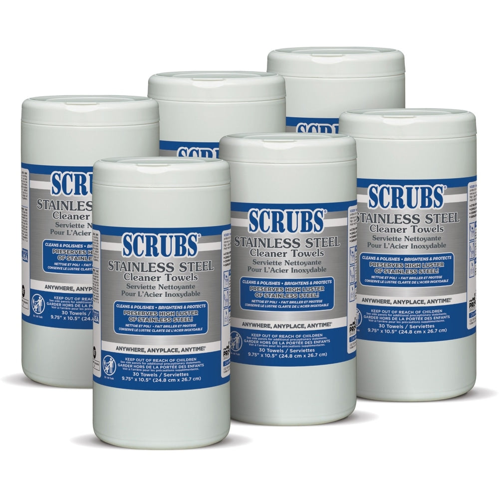 SCRUBS Stainless Steel Cleaner Wipes, Citrus Scent, 32 Oz Bottle, 30 Towel Per Pack, Case Of 6