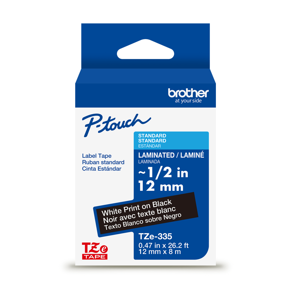 Brother P-touch TZe335, Laminated, 1/2in x 26.2 ft (12mm x 8m), White on Black Label Tape