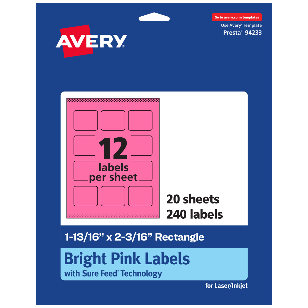 Avery Print-To-The-Edge Labels With Sure Feed Technology And Easy Peel, 94233-BPP20, Rectangle, 1-13/16in x 2-3/16in, Matte Bright Pink, Pack of 240