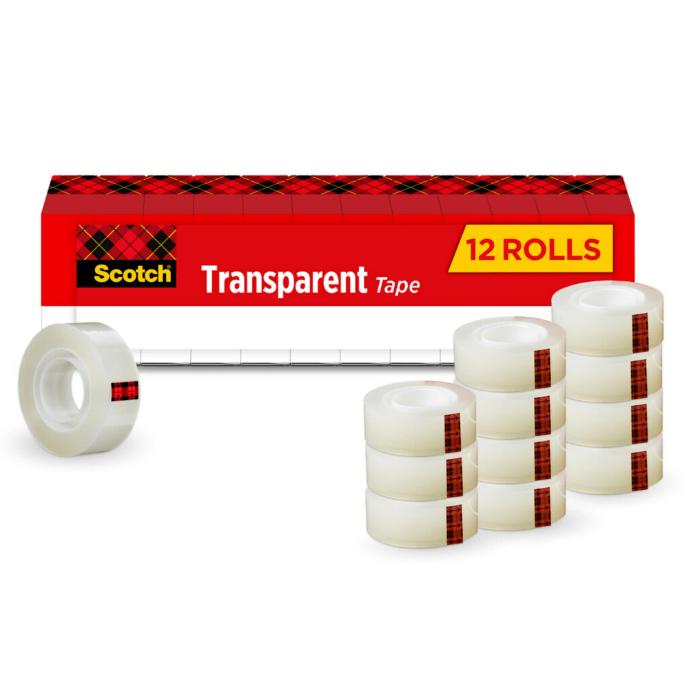 Scotch Transparent Tape, 3/4 x 1000 in, 12 Tape Rolls, Clear, Back to School Supplies, College Supplies, and Teacher Supplies