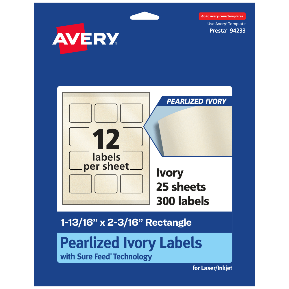 Avery Pearlized Permanent Labels With Sure Feed, 94233-PIP25, Rectangle, 1-13/16in x 2-3/16in, Ivory, Pack Of 300 Labels