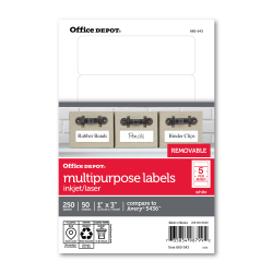 Office Depot Brand Removable Inkjet/Laser Labels, OD98799,Rectangle, 1in x 3in, White, Pack Of 250
