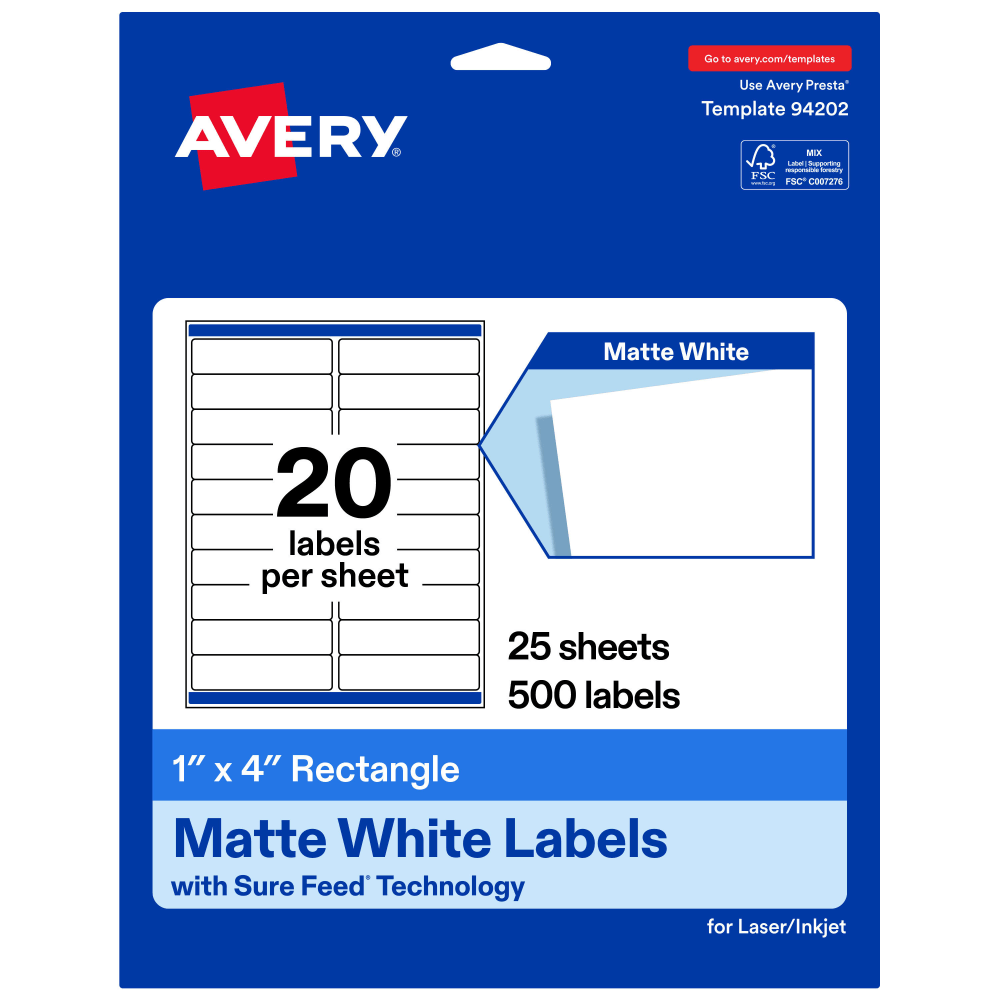 Avery Permanent Labels With Sure Feed, 94202-WMP25, Rectangle, 1in x 4in, White, Pack Of 500