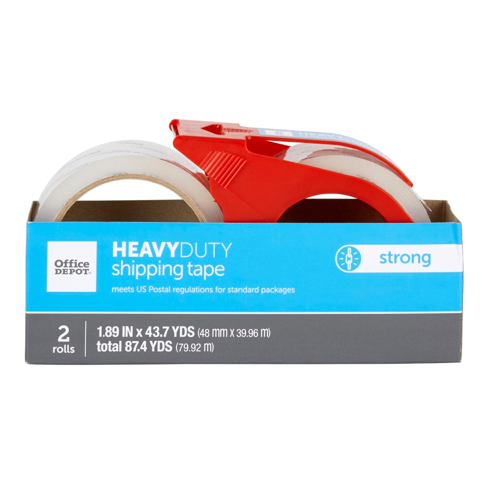 Office Depot Brand Heavy-Duty Shipping Packing Tape With Dispenser, 1.89in x 43.7 Yd., Clear, Pack Of 2