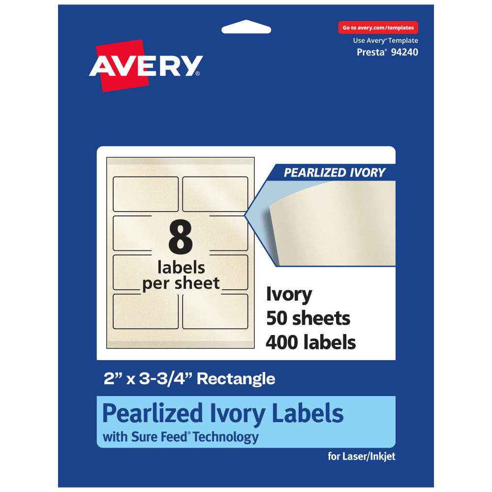 Avery Pearlized Permanent Labels With Sure Feed, 94240-PIP50, Rectangle, 2in x 3-3/4in, Ivory, Pack Of 400 Labels