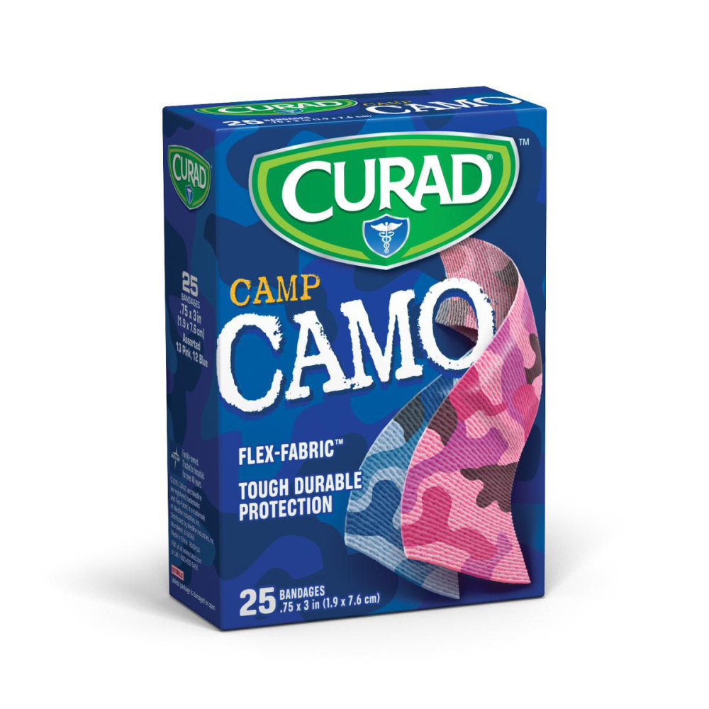 CURAD Camo Fabric Adhesive Bandages, 3/4in x 3in, Camo Blue/Camo Pink, Case Of 24