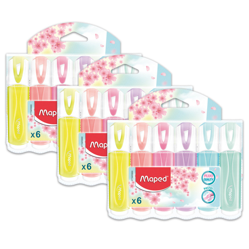 Maped Fluo Peps Classic Pastel Highlighter, 6 Per Pack, Set Of 3 Packs