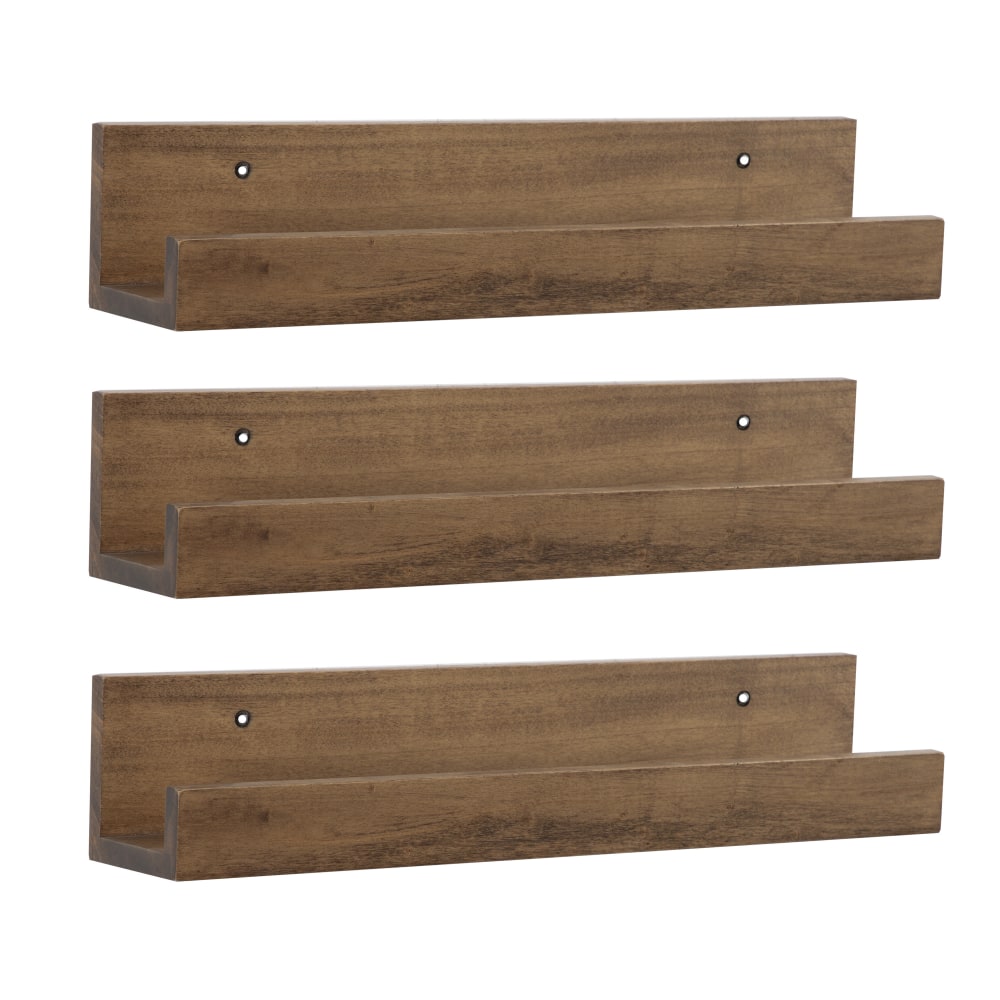 Kate and Laurel Levie Wooden Picture Ledge Wall Shelf Set, 3-1/2inH x 18inW x 3-1/2inD, Rustic Brown, Set Of 3 Shelves