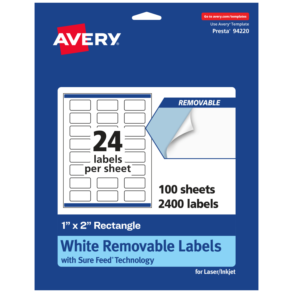 Avery Removable Labels With Sure Feed, 94220-RMP100, Rectangle, 1in x 2in, White, Pack Of 2,400 Labels
