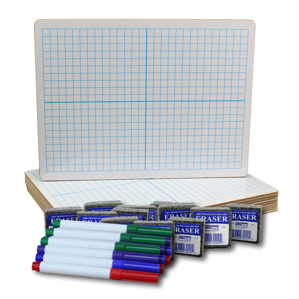 Flipside Products 2-Sided Dry-Erase Boards With Colored Pens And Erasers, 9in x 12in, XY Axis/Plain, Class Pack Of 12 Boards