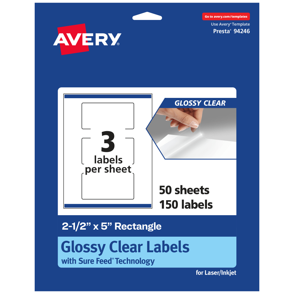 Avery Glossy Permanent Labels With Sure Feed, 94246-CGF50, Rectangle, 2-1/2in x 5in, Clear, Pack Of 150