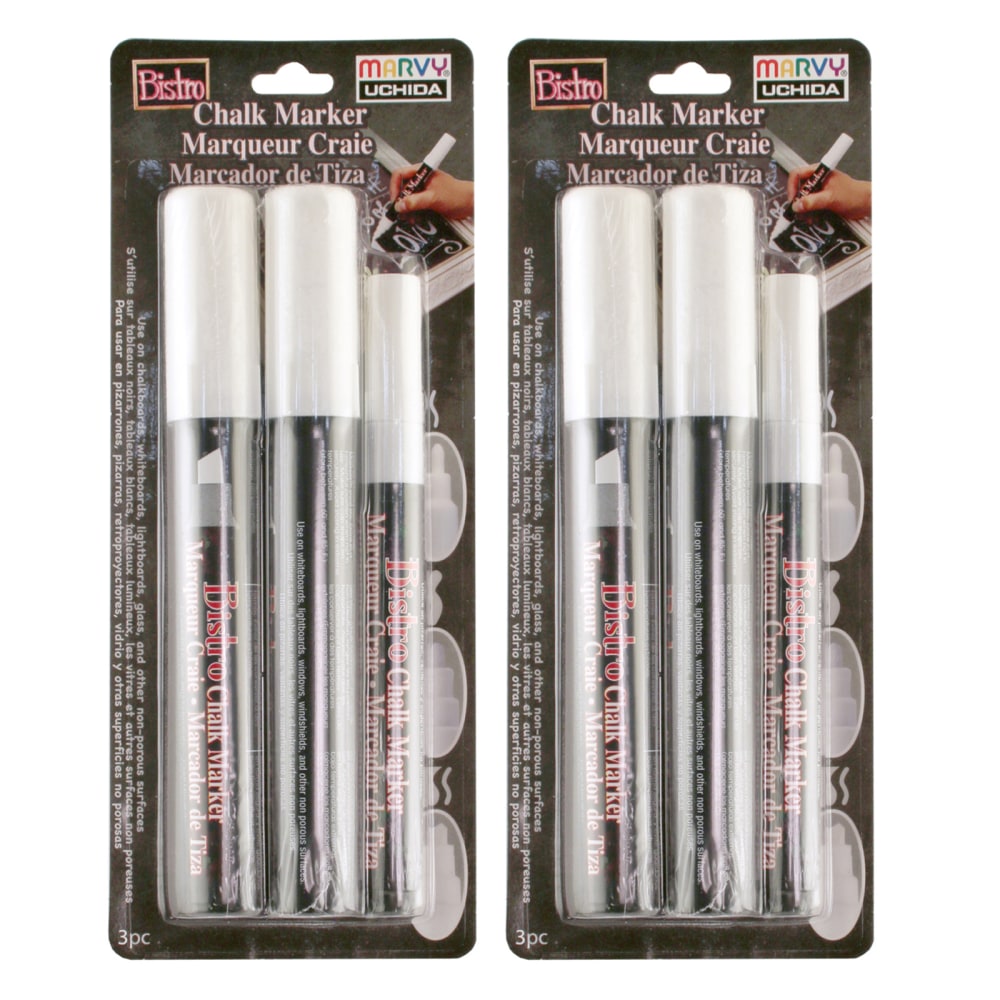 Marvy Uchida Bistro Chalk Marker Combo Sets, 6 Markers Total, Broad/Chisel/Fine Tip, White, 3 Markers Per Set, Pack Of 2 Sets