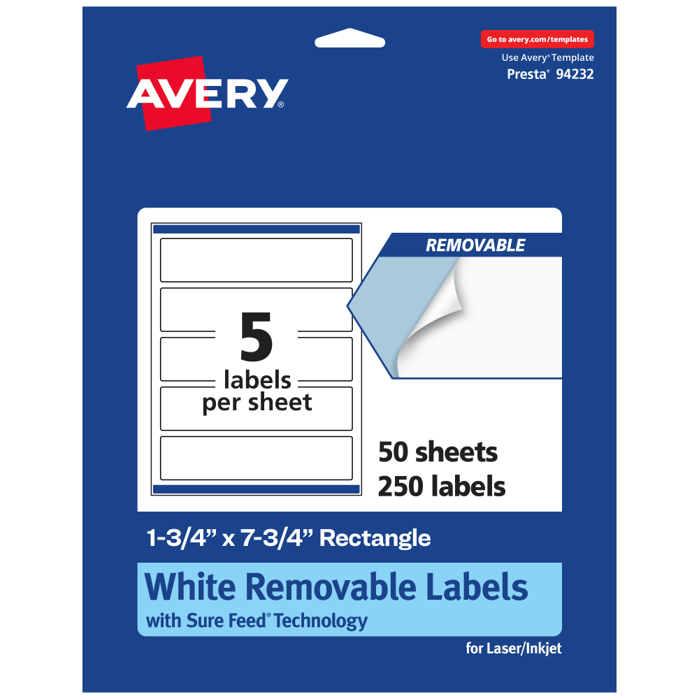 Avery Removable Labels With Sure Feed, 94232-RMP50, Rectangle, 1-3/4in x 7-3/4in, White, Pack Of 250 Labels