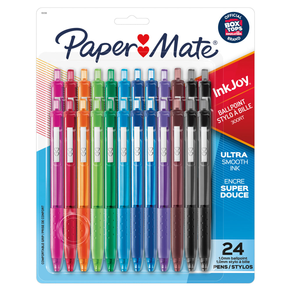 Paper Mate InkJoy 300 RT Retractable Pens, Medium Point, 1.0 mm, Clear Barrels, Assorted Ink Colors, Pack Of 24