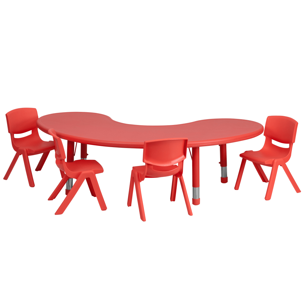 Flash Furniture Half-Moon Plastic Height-Adjustable Activity Table Set With 4 Chairs, 23-3/4inH x 35inW x 65inD, Red