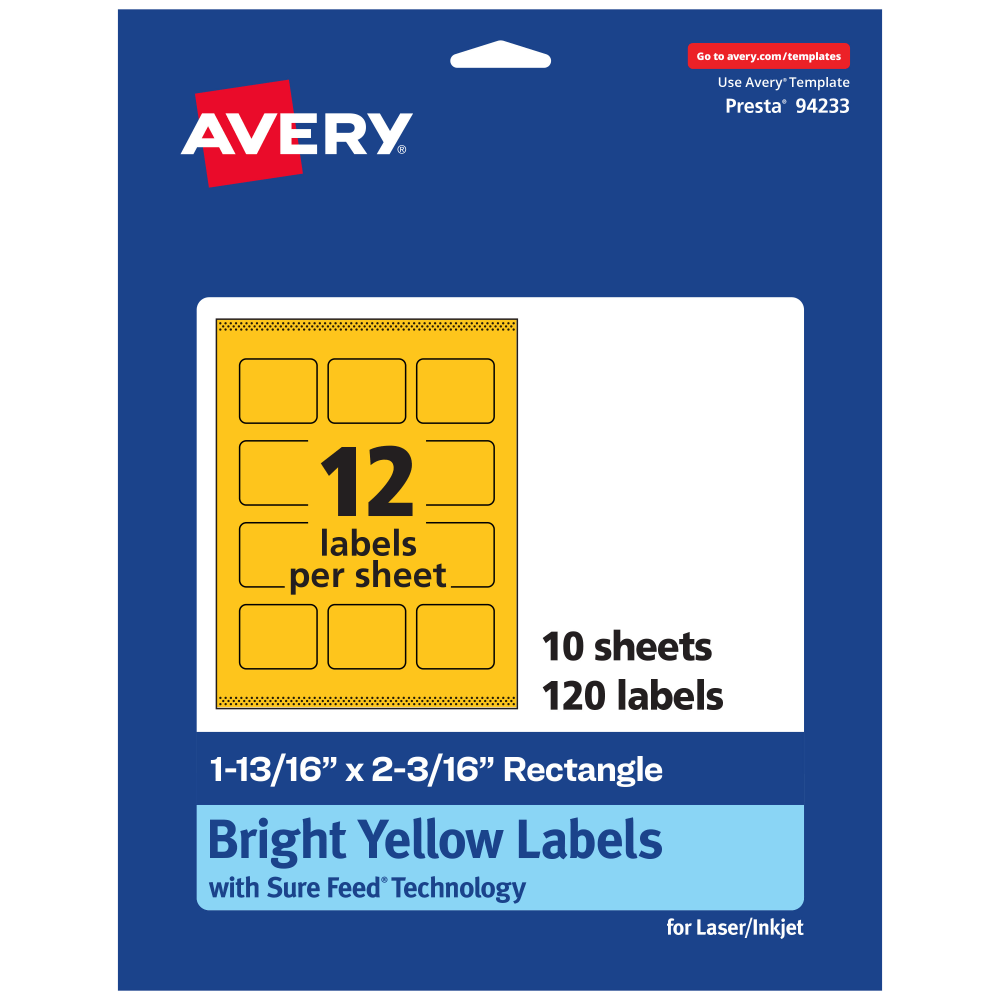 Avery Print-To-The-Edge Labels With Sure Feed Technology And Easy Peel, 94233-BYP10, Rectangle, 1-13/16inx2-3/16in, Matte Bright Yellow, Pack of 120