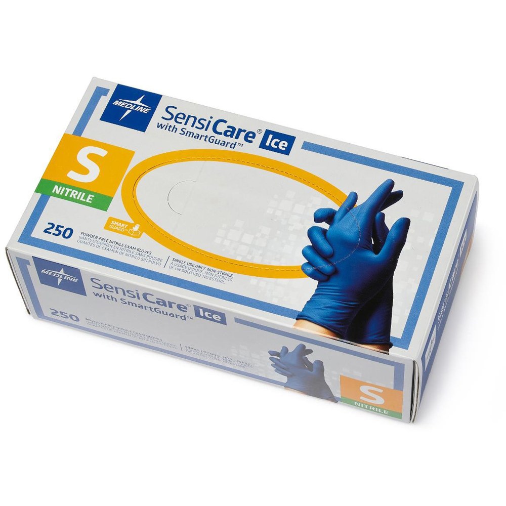 Medline SensiCare Ice Blue Nitrile Exam Gloves - 9.50in Glove - Small Size - Dark Blue - Comfortable, Chemical Resistant, Latex, 250/PK