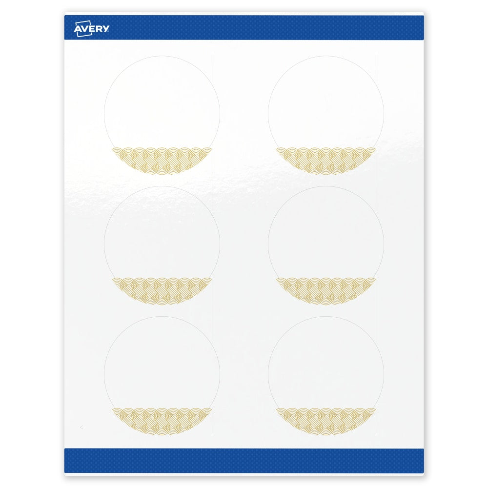 Avery Printable Labels With Sure Feed Technology, S00-EWX, Round, 3in, Glossy White With Preprinted Gold Lace Trim Pattern, Pack Of 60