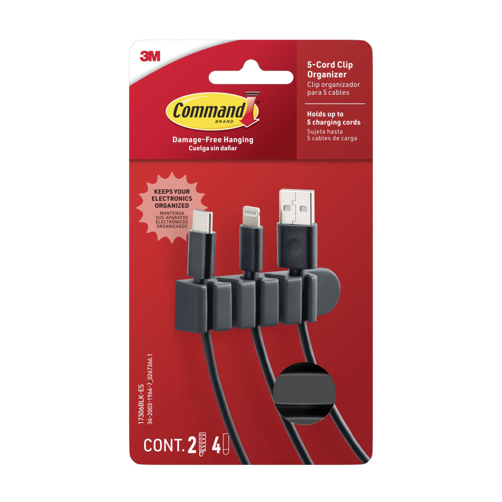 Command 5-Cord Clip Organizer, 2 Black Clips, 4 Medium Strips, Great for Damage-Free Desk Organization with Electronics