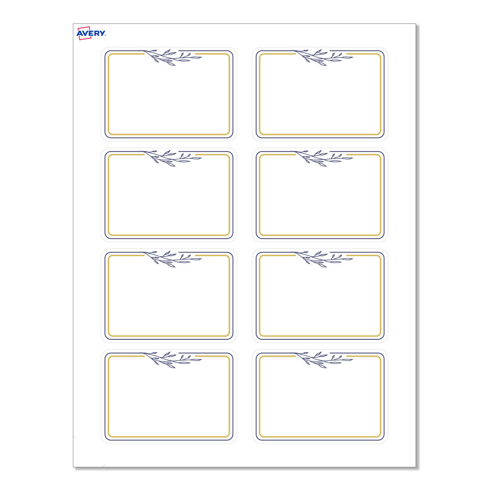 Avery Printable Adhesive Name Badges/Preprinted Designs, Rectangle, S00-EXY, 2-1/3in x 3-3/8in, Matte White/Gold & Navy Border/Florals, Pack Of 80