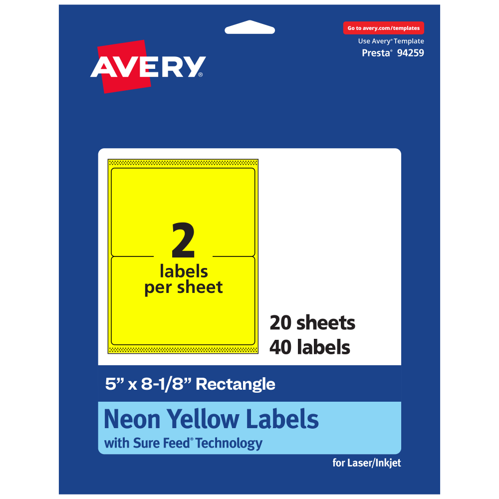 Avery Printable Labels With Sure Feed Technology, 94259-NYP20, Rectangle, 5in x 8-1/8in, Matte Neon Yellow, Pack of 40