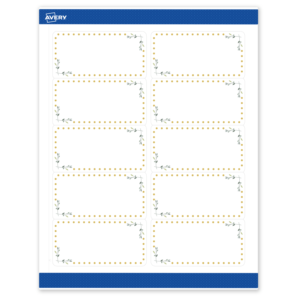 Avery Printable Labels & Sure Feed, S00-DNC-PRWMP10, 2in x 4in, Matte White, Preprinted Green Floral & Gold Dots Design, Pack Of 100