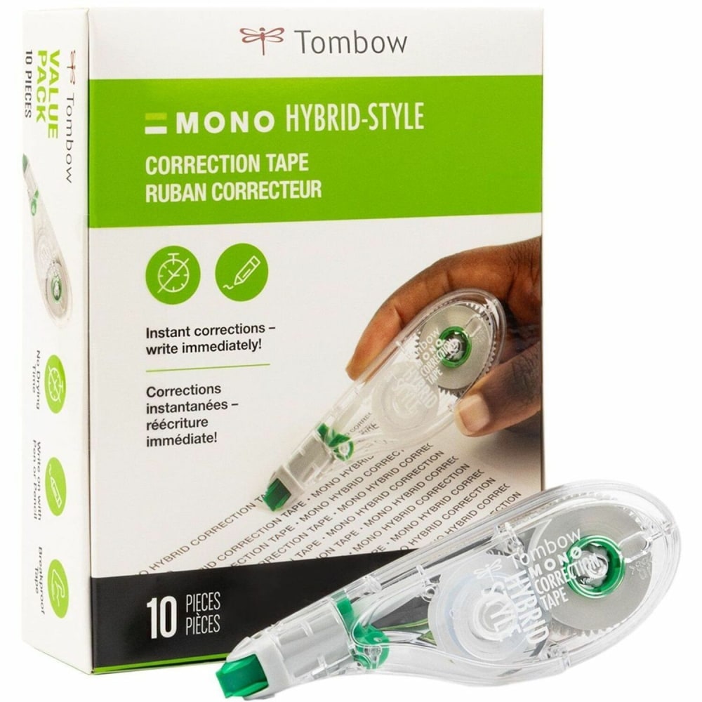Tombow Mono Hybrid-Style Correction Tape, Single Line, 0.16in x 394in, Clear, Pack Of 10