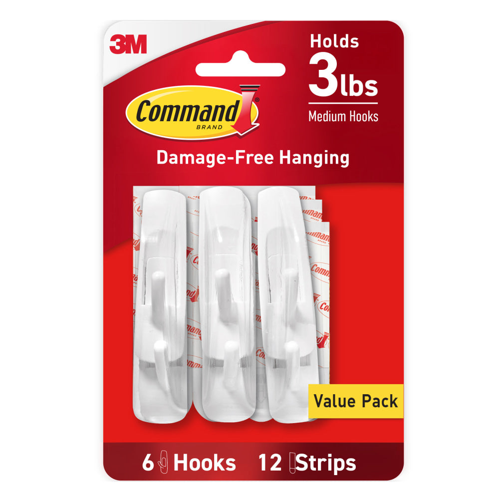 Command Medium Hooks, 6 Hooks, 12 Adhesive Strips, Damage Free Hanging Picture Hangers, No Tools Wall Hanging Strips