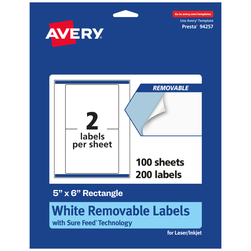 Avery Removable Labels With Sure Feed, 94257-RMP100, Rectangle, 5in x 6in, White, Pack Of 200 Labels