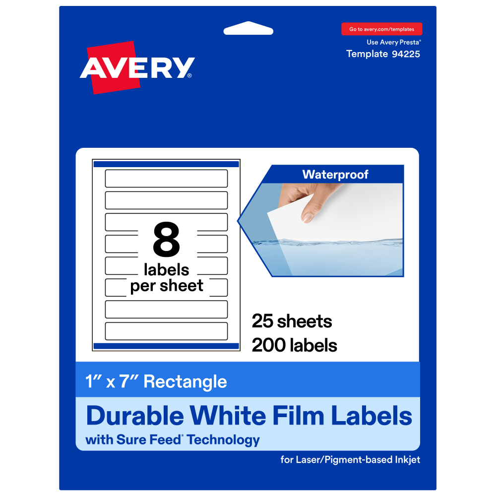 Avery Waterproof Permanent Labels With Sure Feed, 94225-WMF25, Rectangle, 1in x 7in, White, Pack Of 200