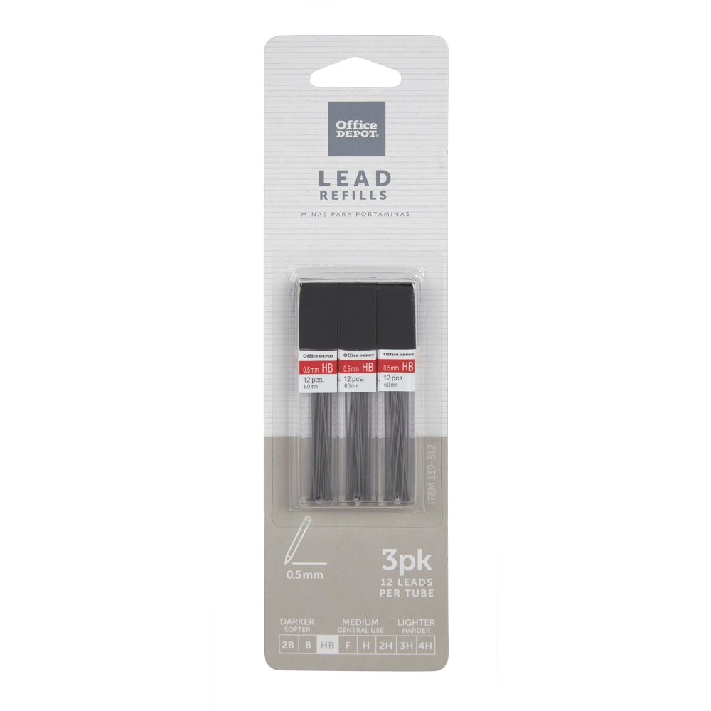 Office Depot Brand Lead Refills, 0.5 mm, HB Hardness, Tube Of 12 Leads, Pack Of 3 Tubes