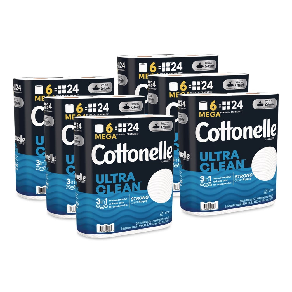 Cottonelle Ultra CleanCare Toilet Paper, Strong Tissue, Mega Rolls, Septic Safe, 1-Ply, White, 284/Roll, 6 Rolls/Pack, 36 Rolls/Carton