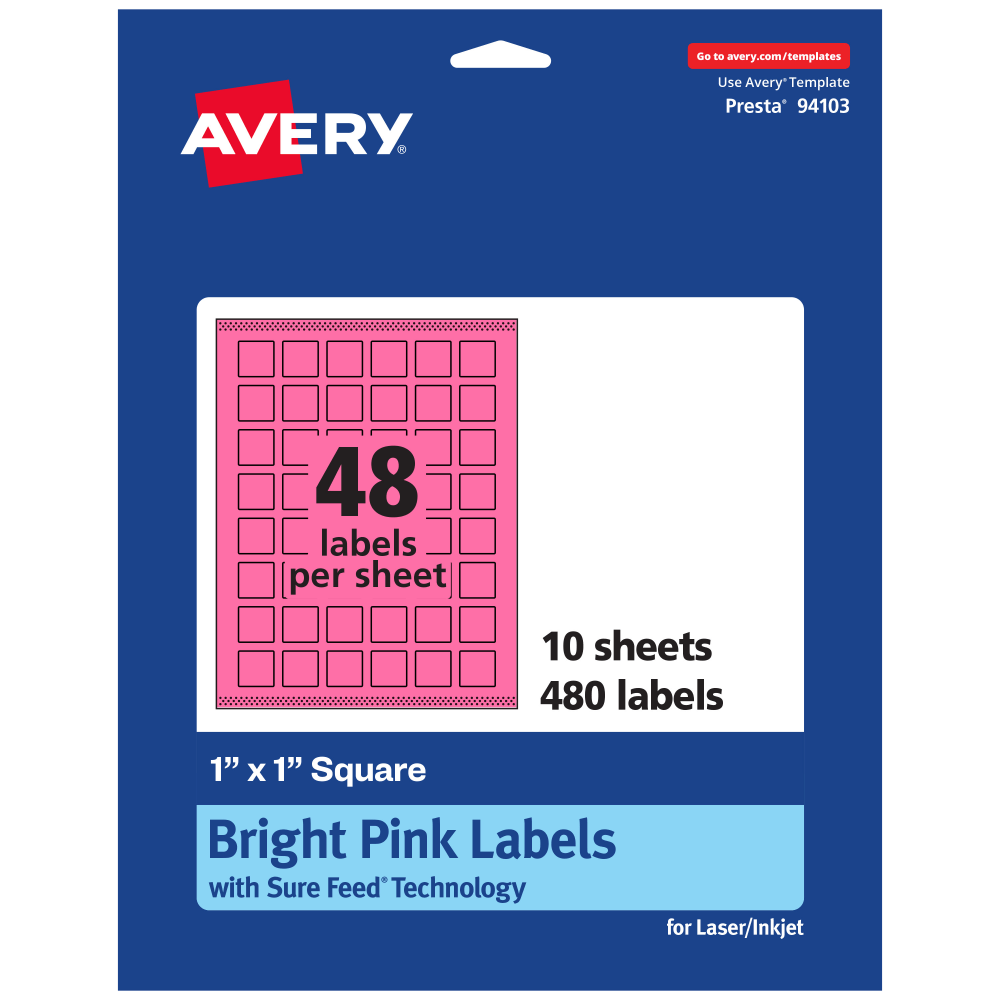 Avery Print-To-The-Edge Labels With Sure Feed Technology And Easy Peel Label Feature, 94103-BPP10, Square, 1in x 1in, Matte Bright Pink, Pack of 480