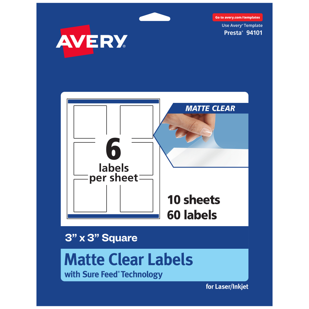 Avery Permanent Labels With Sure Feed, 94101-CMF10, Square, 3in x 3in, Matte Clear, Pack Of 60