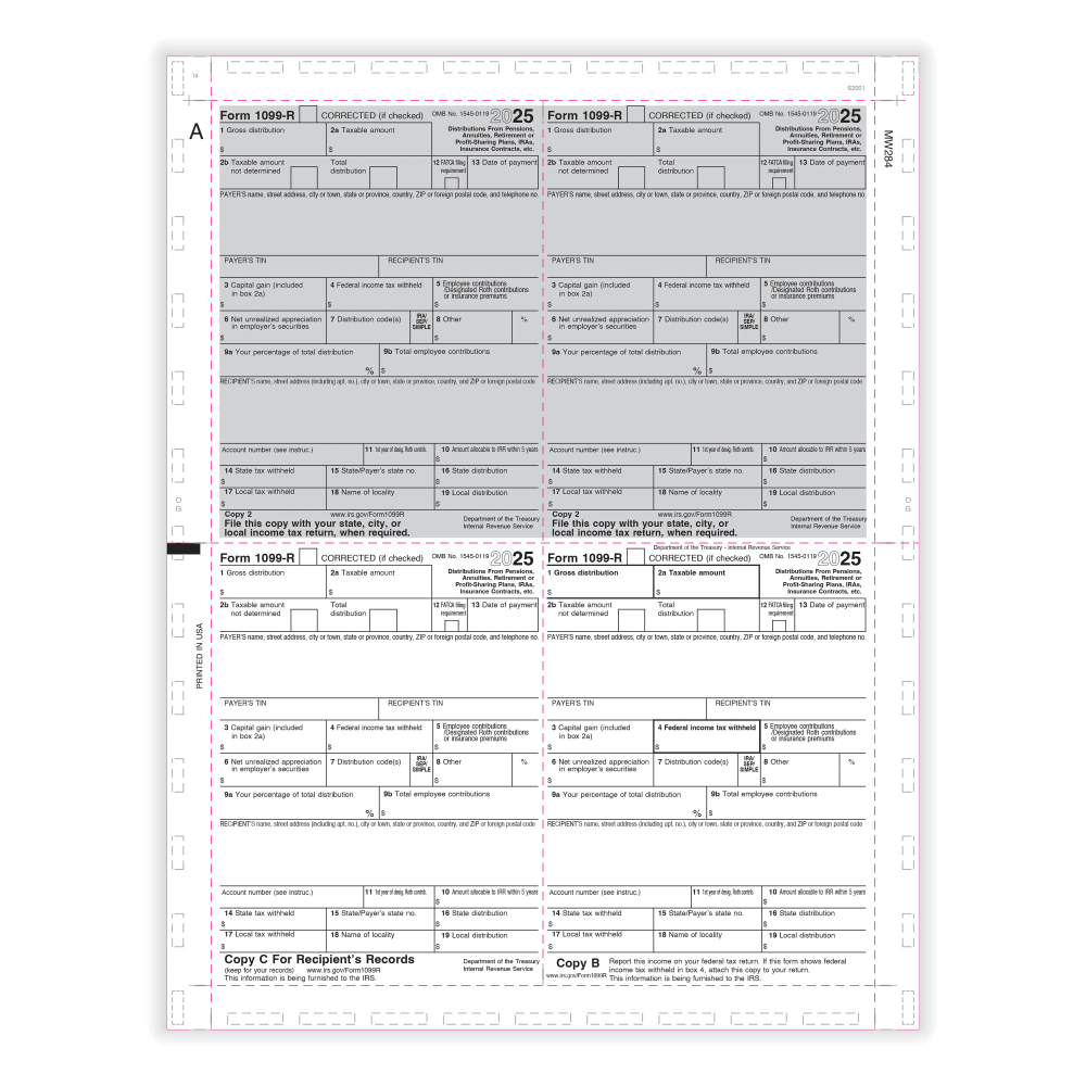 ComplyRight 1099-R Pressure-Seal Tax Forms, 4-Up, Copy B, C, 2, 2, V-Fold Duplex, 11in, Pack Of 500 Forms