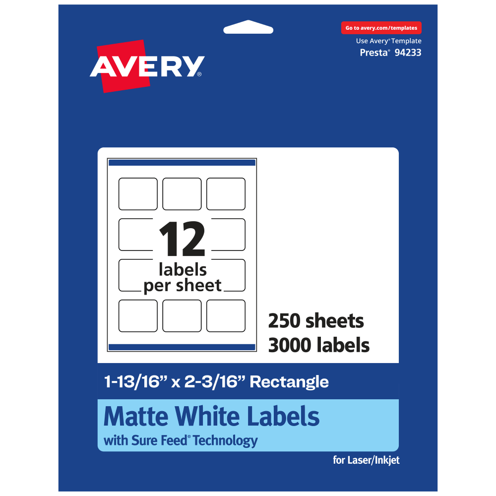 Avery Permanent Labels With Sure Feed, 94233-WMP250, Rectangle, 1-13/16in x 2-3/16in, White, Pack Of 3,000
