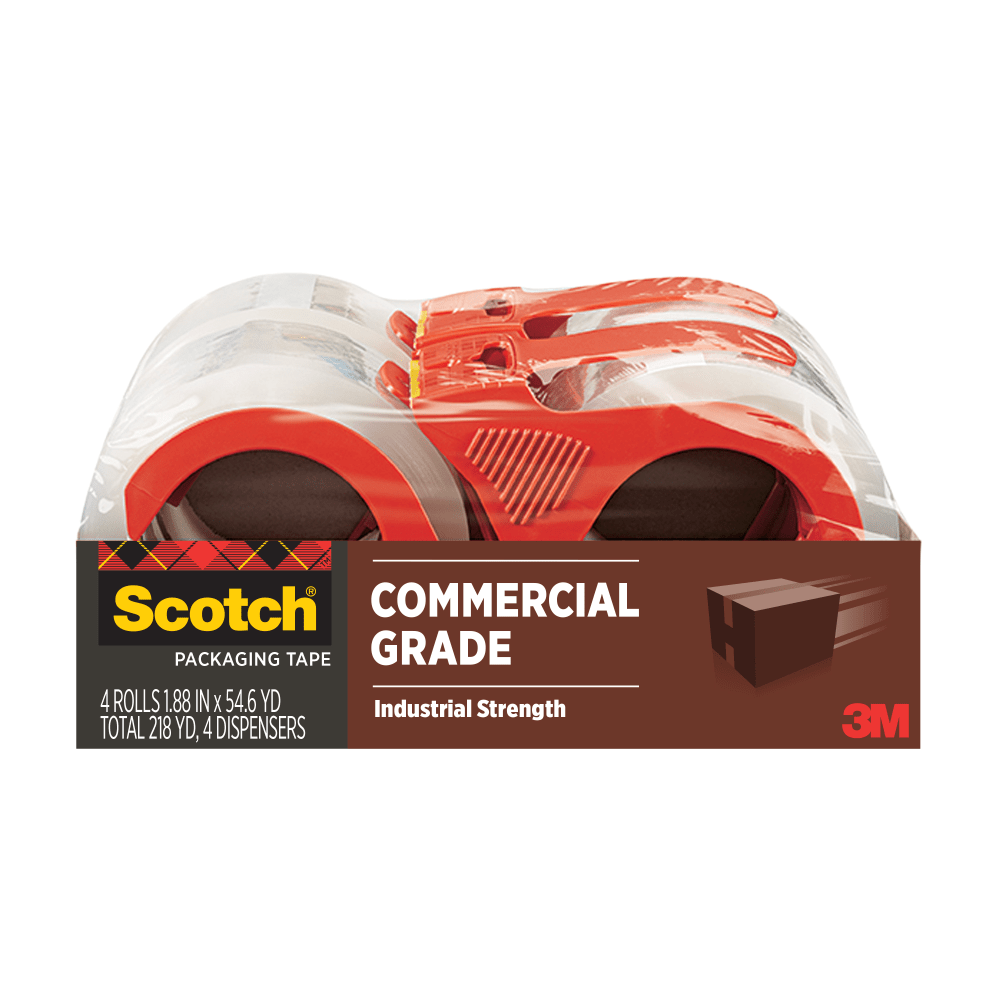 Scotch Commercial Shipping Packaging Tape, 1.88 in x 54.6 yd, 4 Tape Dispenser Rolls, Designed for Packing, Shipping and Mailing