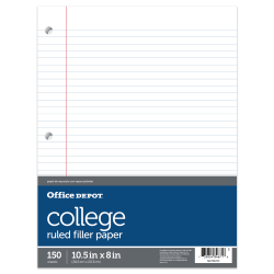 Office Depot Brand Notebook Filler Paper, College-Ruled, 8in x 10 1/2in, White, Pack Of 150 Sheets