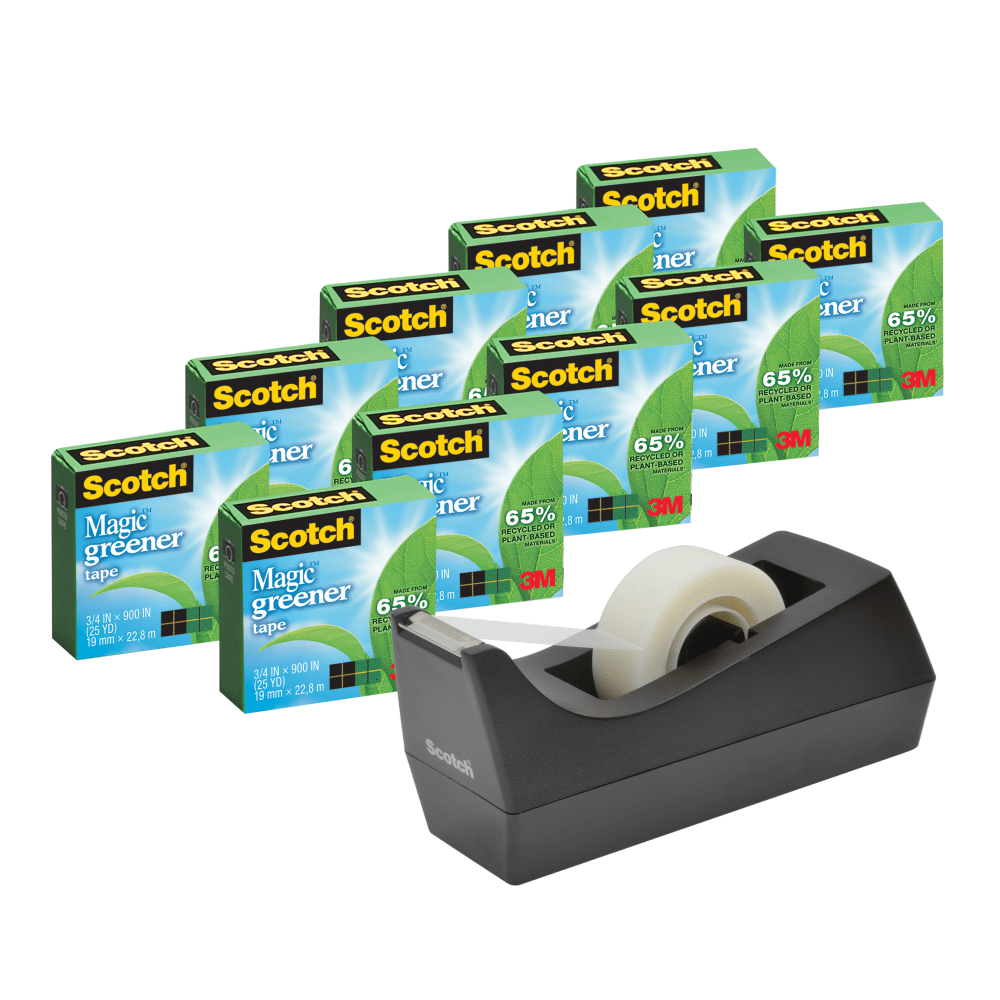 Scotch Greener Magic Tape with Dispenser, Invisible, 3/4 x 900 in, 10 Tape Rolls, Clear, Back to School Supplies, College and Teacher Supplies