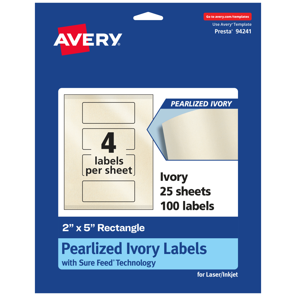 Avery Pearlized Permanent Labels With Sure Feed, 94241-PIP25, Rectangle, 2in x 5in, Ivory, Pack Of 100 Labels