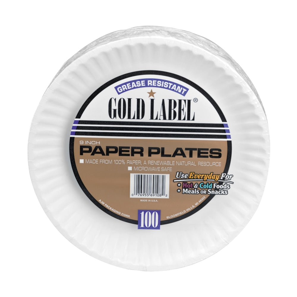 AJM Premium Gold Label Coated Paper Plates, 9in Diameter, White, Pack Of 100