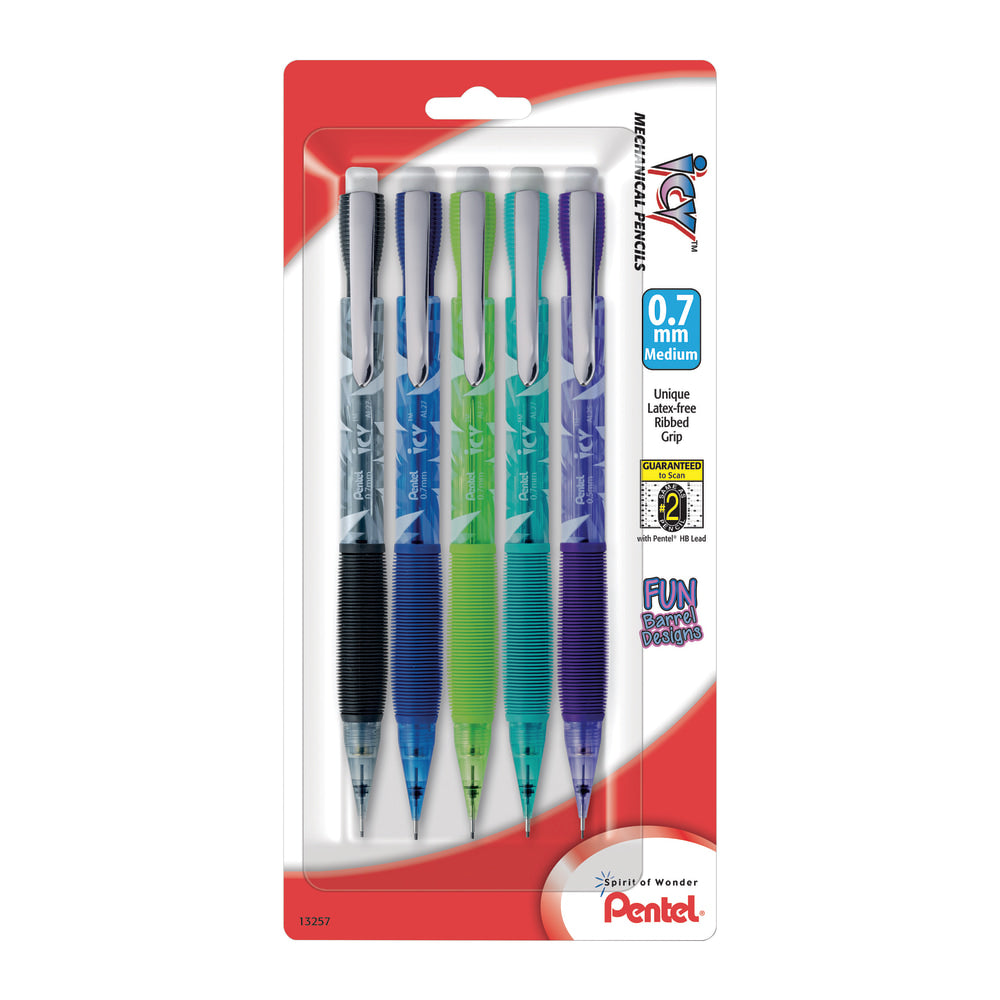 Pentel Razzle Dazzle Icy Mechanical Pencil, 0.7mm, Assorted Barrel Colors, Pack Of 5